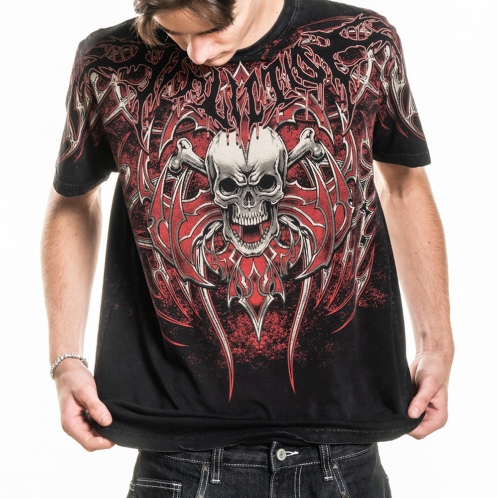 Affliction Mens Large Red & Black Skull Graphic Short Sleeve Crew Neck Tee